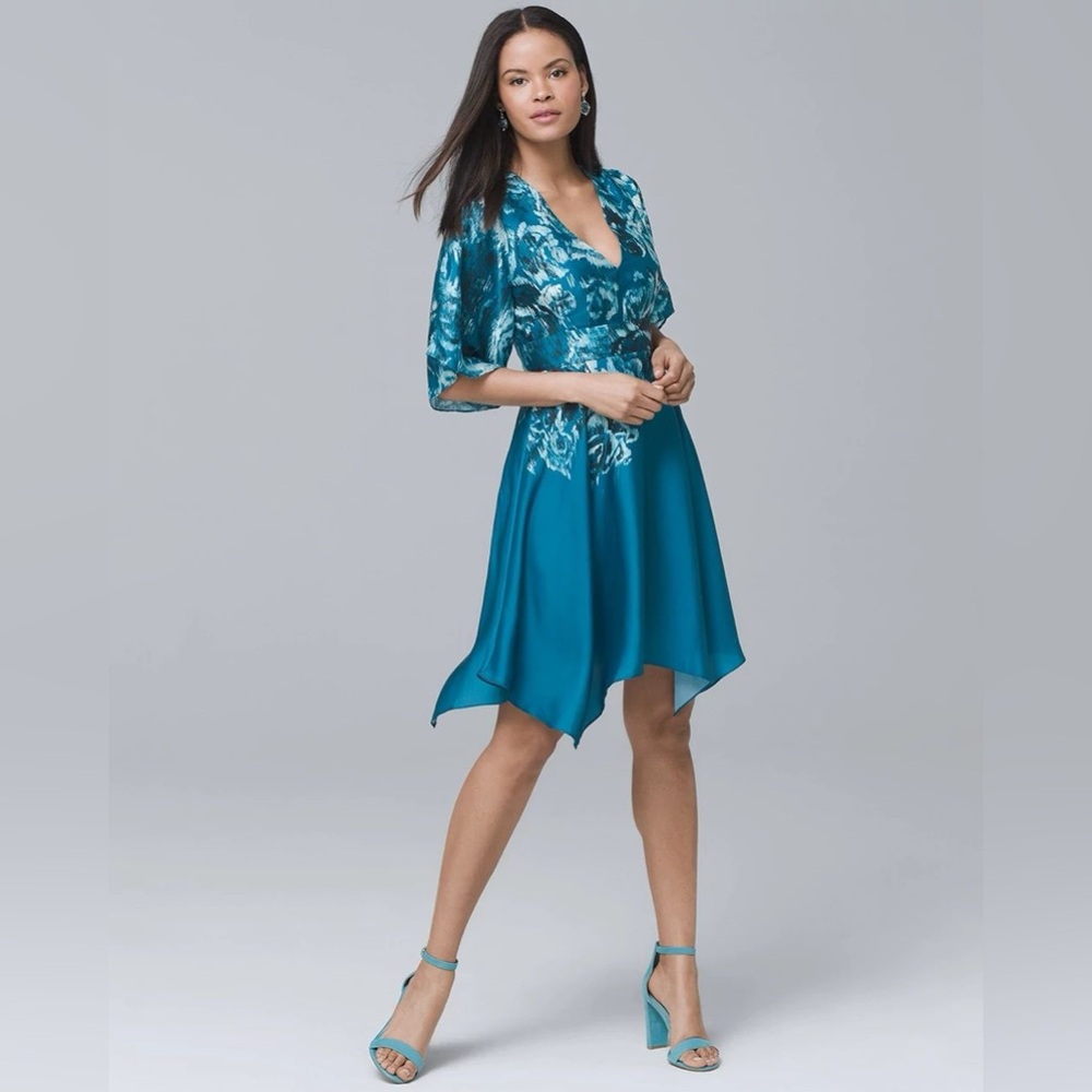 WHITE HOUSE BLACK MARKET Turquoise Floral Cold Shoulder Dress SZ 2 *SEE DAMAGE*
